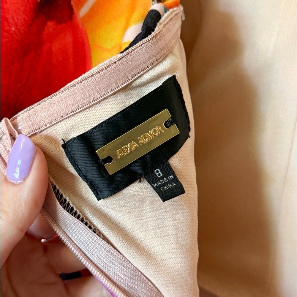 Alexia Admor Victoria One Shoulder Ruffle Pink Tropical Party Mini Dress- Size 8 - Picture 7 of 10